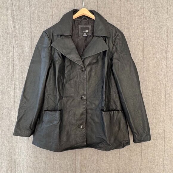 Y2K East 5th Black 100% Leather Double Notch Collar Long Line Jacket Size 1X - Picture 1 of 12